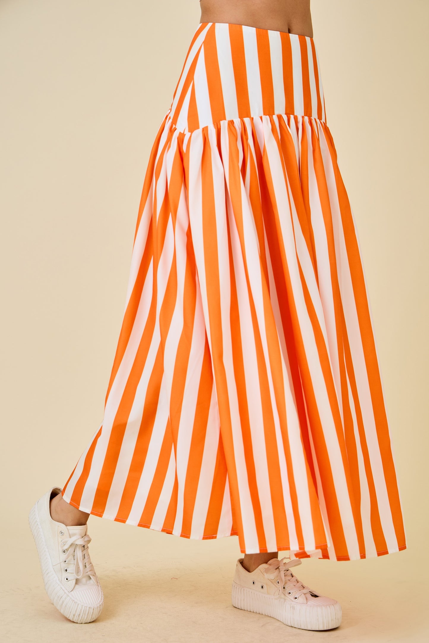 Flared Maxi Skirt with Curved Yoke - Orange Stripe