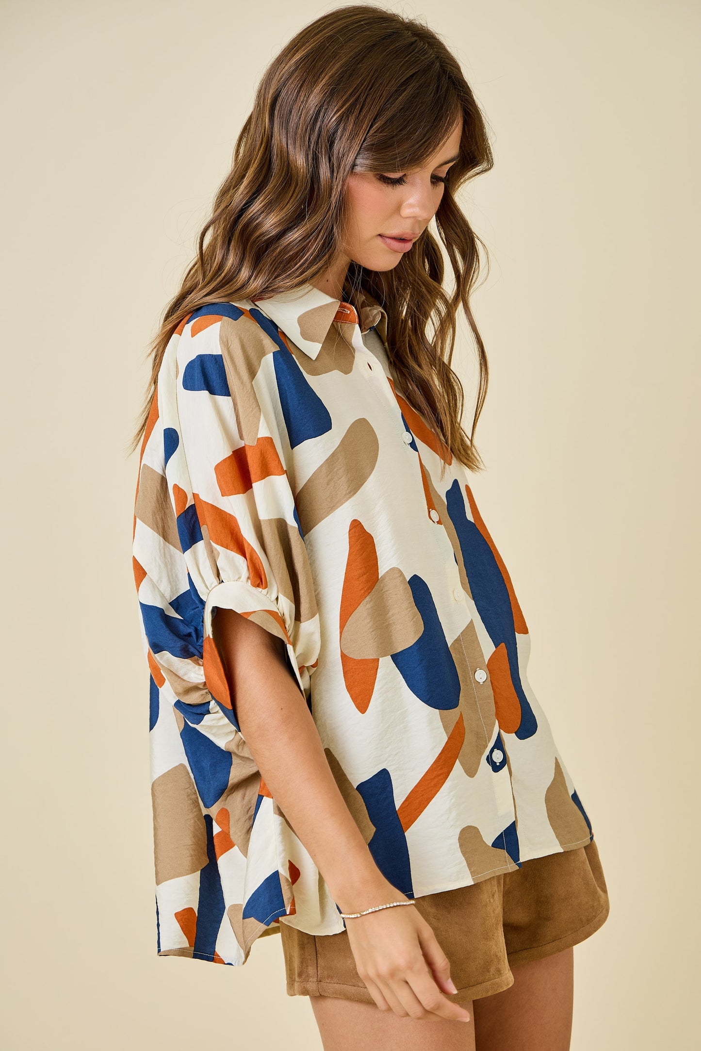 Oversized Geometric Print Button Down Shirt - Cream/Rust/Navy
