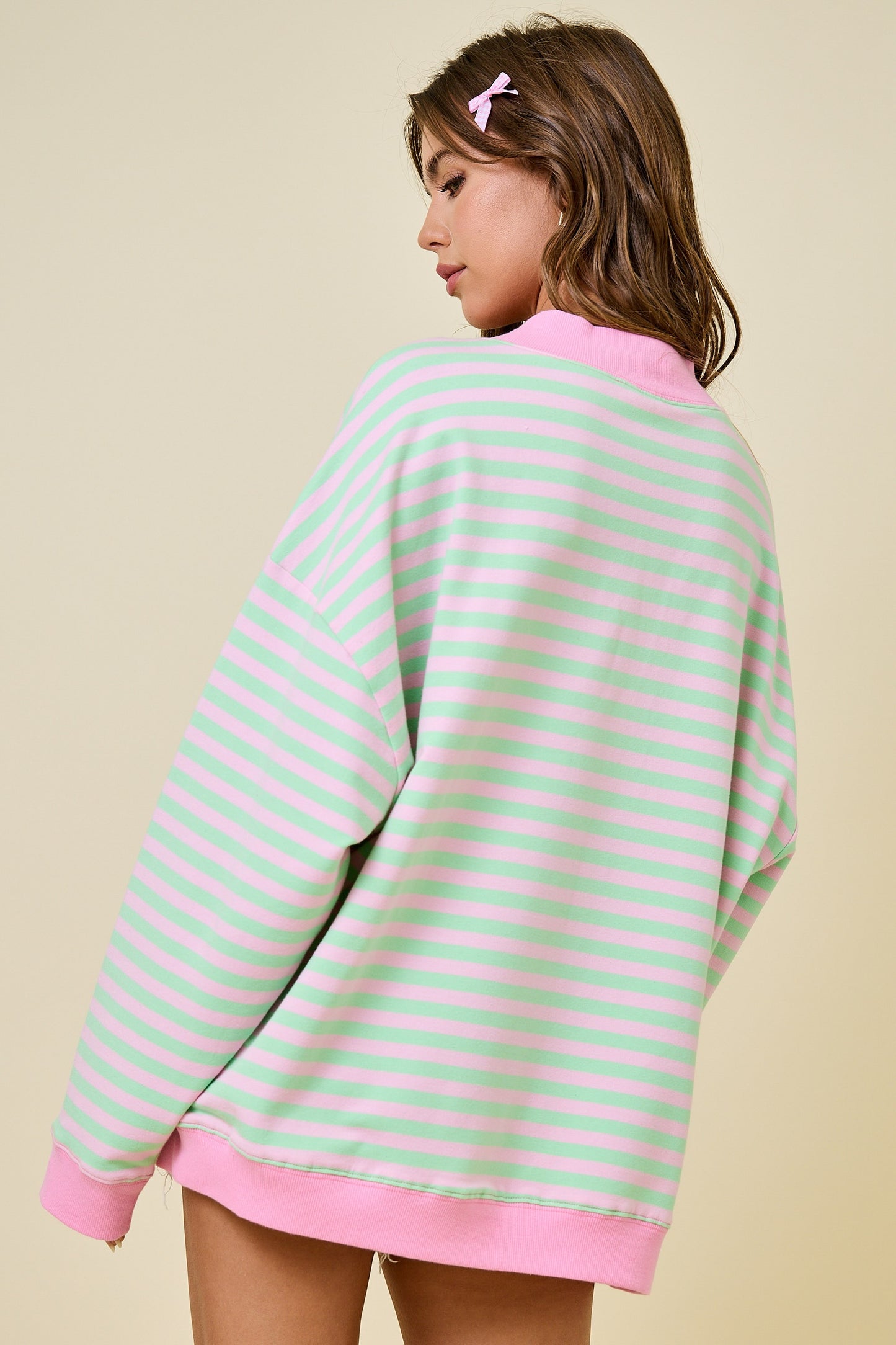 Mock Neck Striped Terry Lounge Sweatshirt - Pink/Mint
