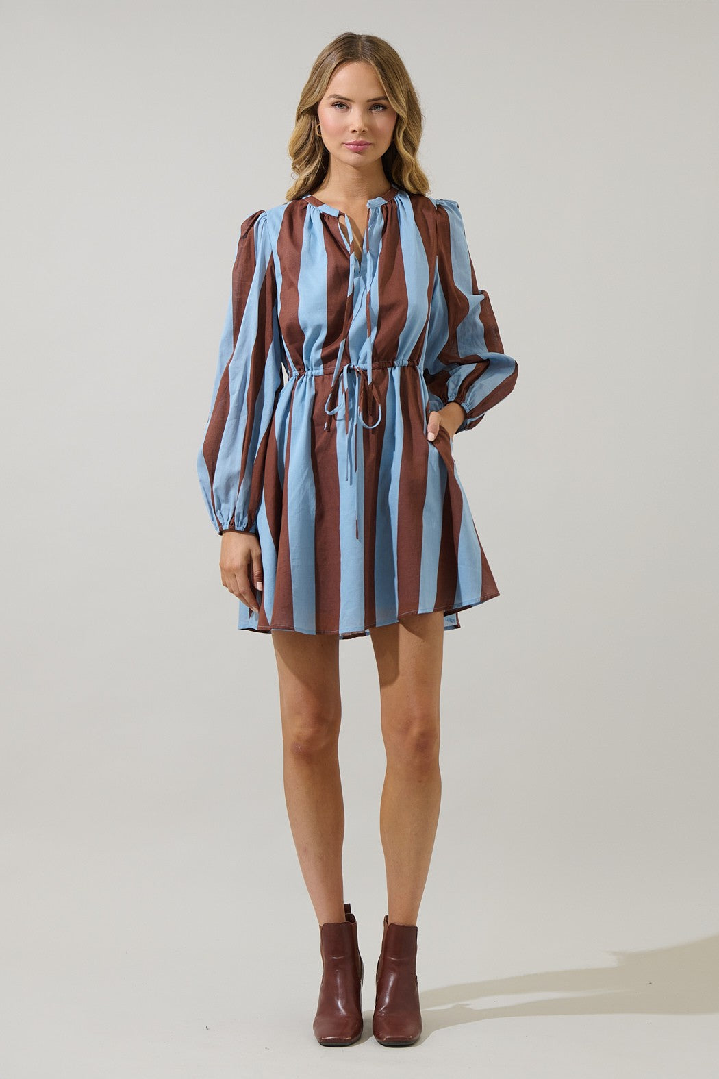 Evabelle Stripe Viany Shift Mini Dress - Brown/Blue