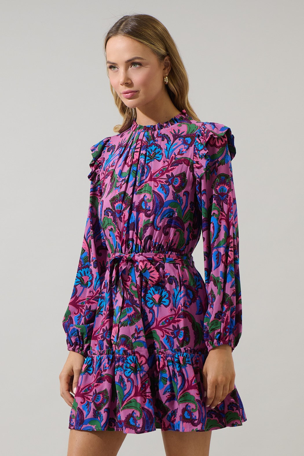 Valier Floral Balloon Sleeve Blouson Dress - Mauve Multi