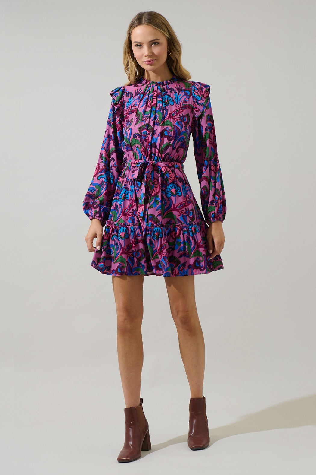Valier Floral Balloon Sleeve Blouson Dress - Mauve Multi