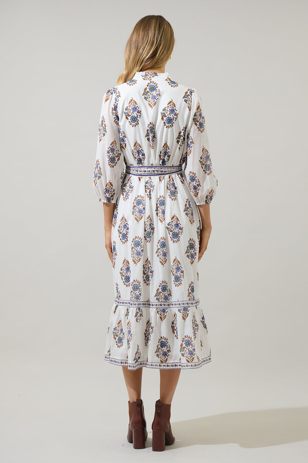 Rennie Floral Darny Long Sleeve Midi Dress - Cream/Navy