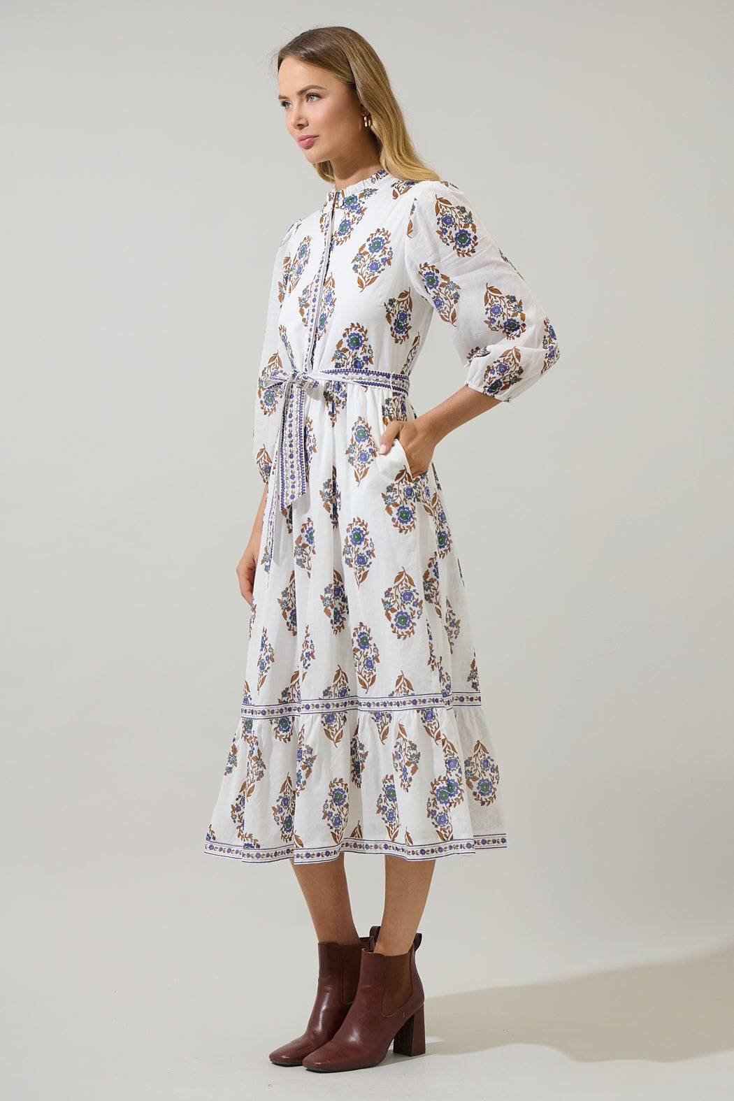 Rennie Floral Darny Long Sleeve Midi Dress - Cream/Navy