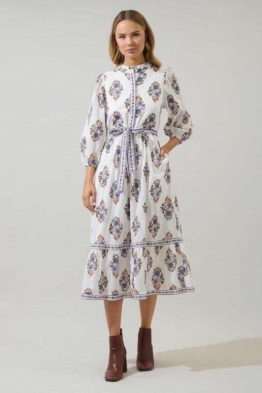 Rennie Floral Darny Long Sleeve Midi Dress - Cream/Navy