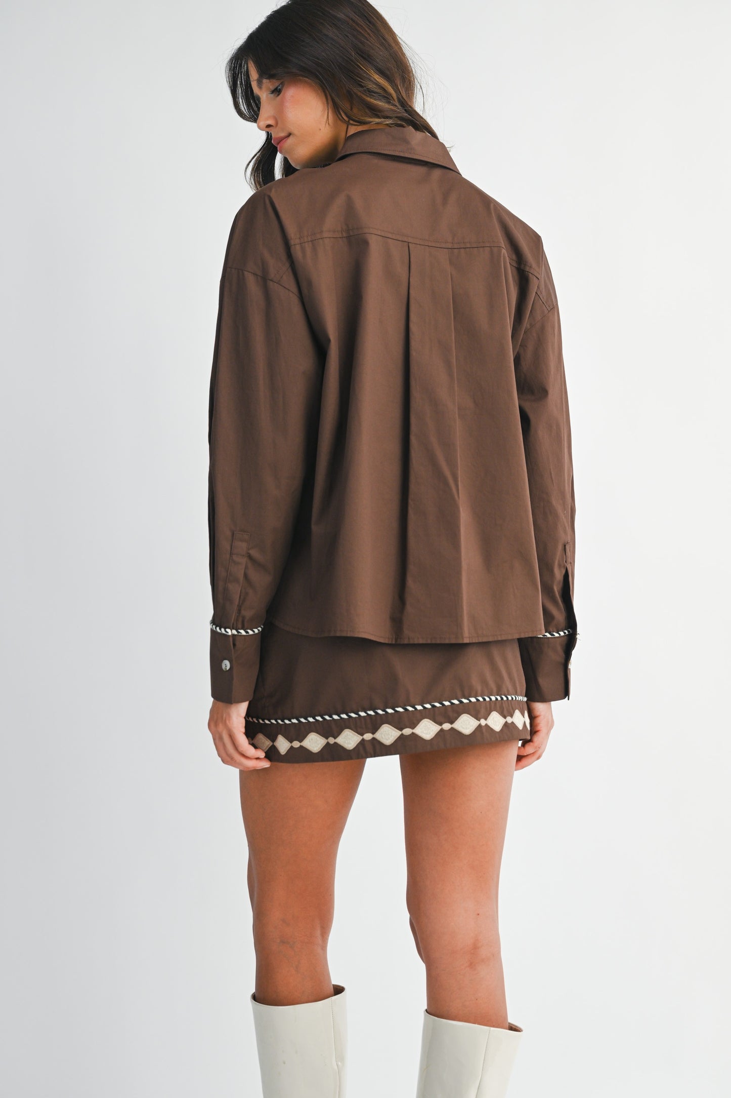 Embroidered Button Shirt And Mini Skirt Set - Brown