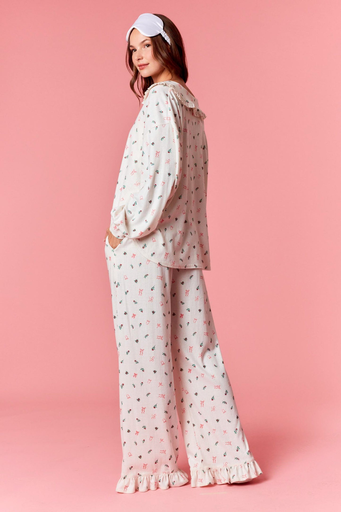 Christmas Pointelle Rib Ruffle Detail Pj Set - Cream