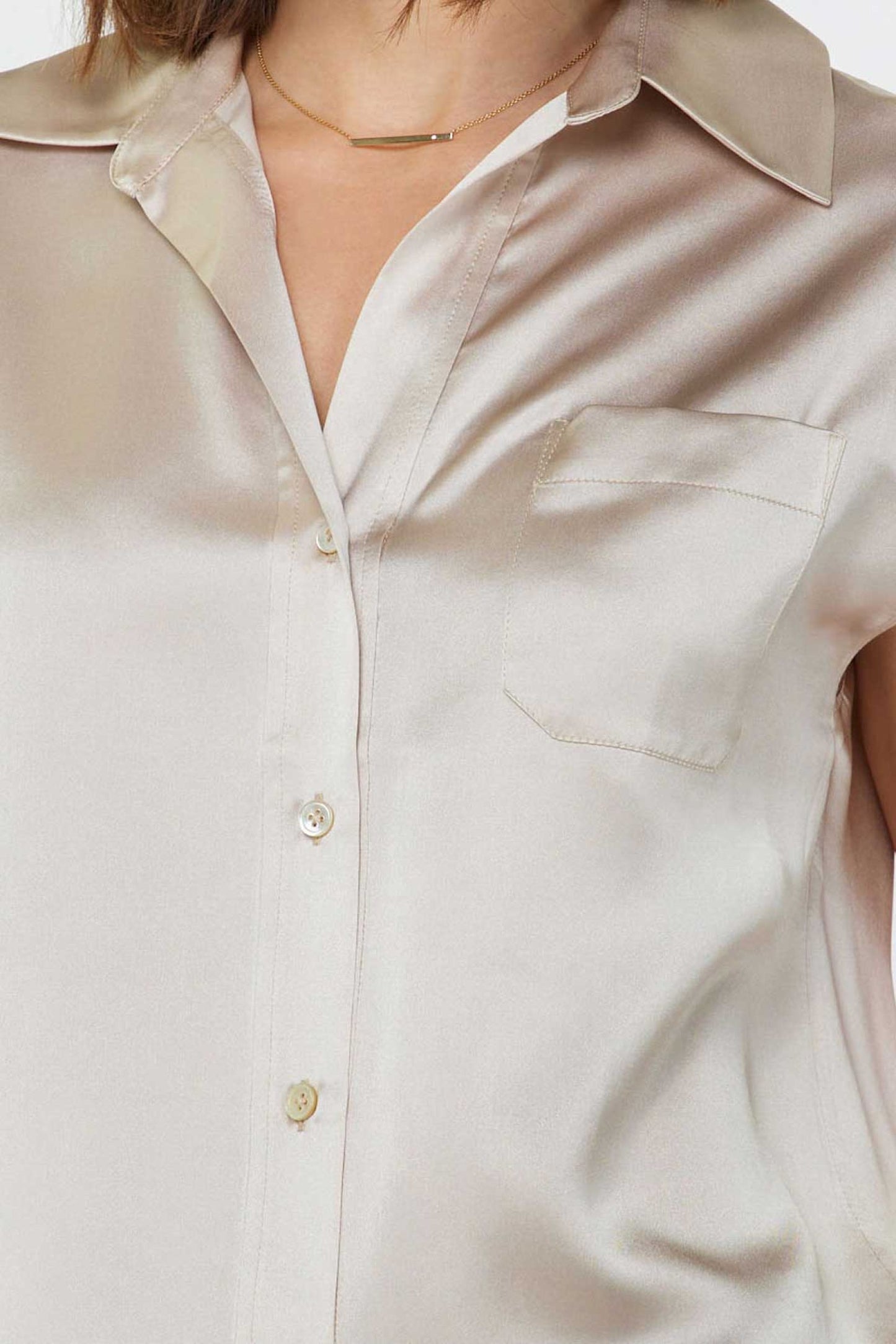 Silk Cap Sleeve Button Down Blouse - Champagne