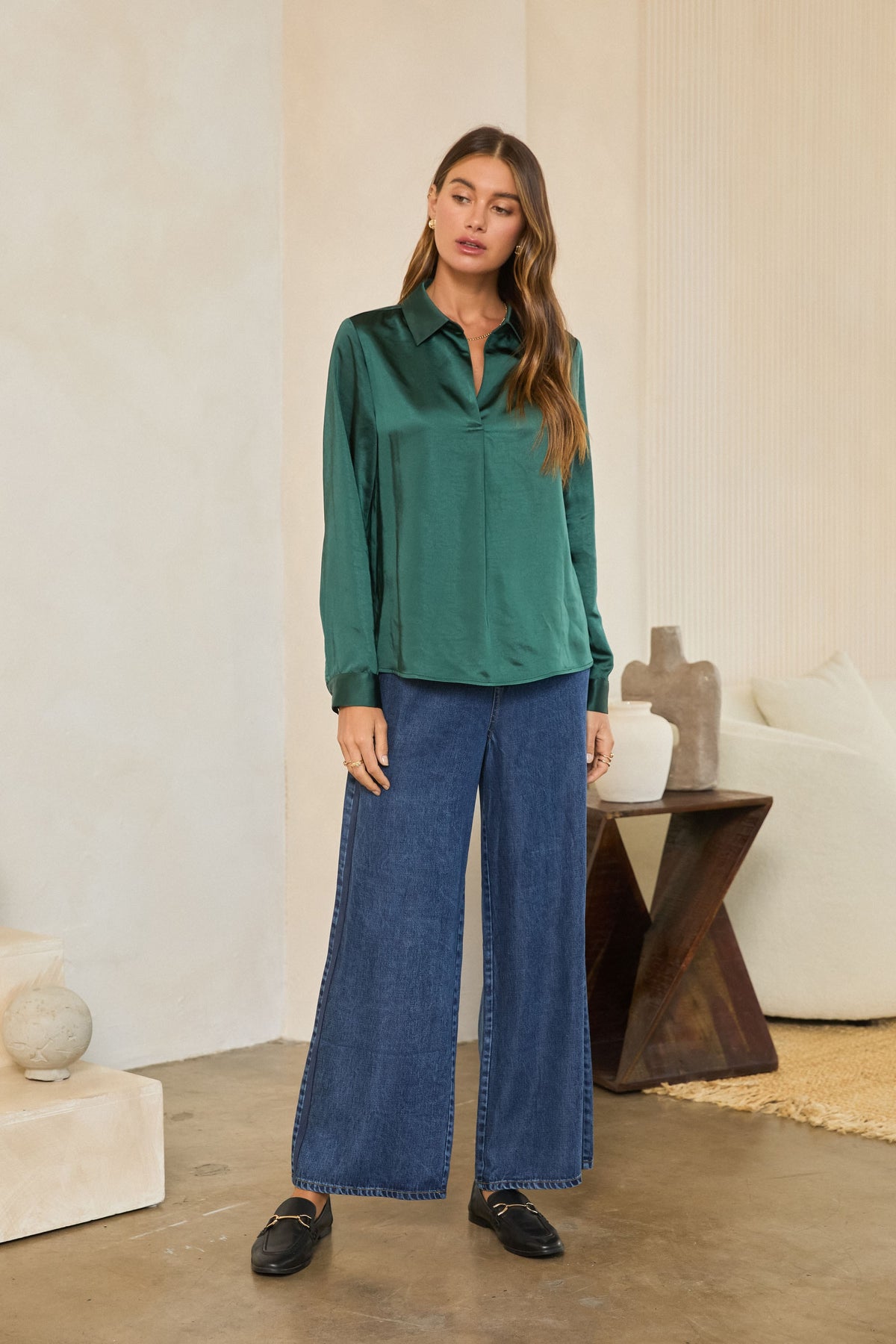 Satin V-Neck Collared Blouse - Hunter Green