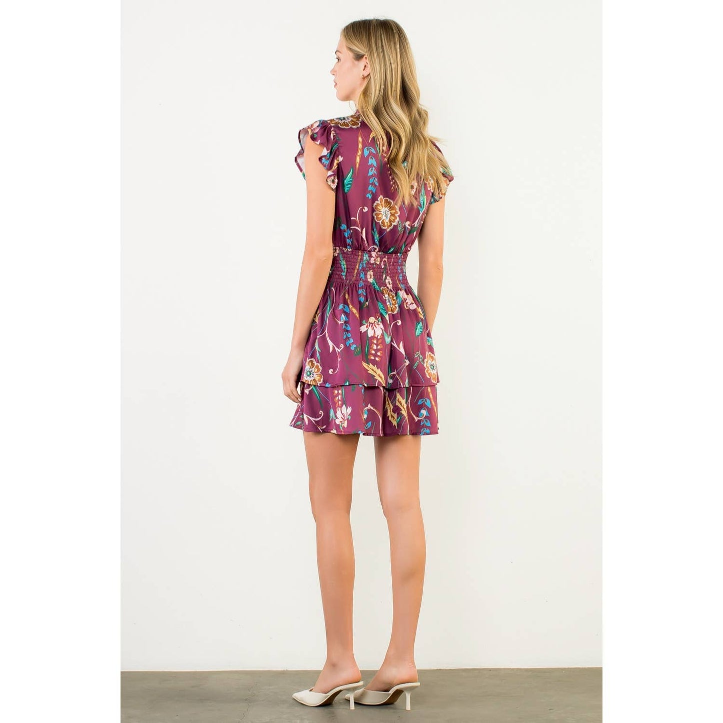 Smocked Waist Flutter Sleeve Dress - Burgundy