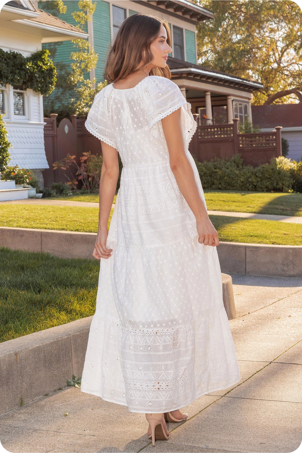 Pearl Trim Details Eyelet Long Dress - White