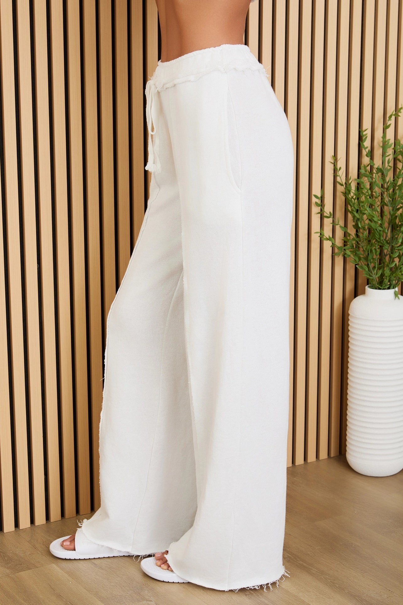 Raw Edge Elastic Waist Pants with Drawcord - White