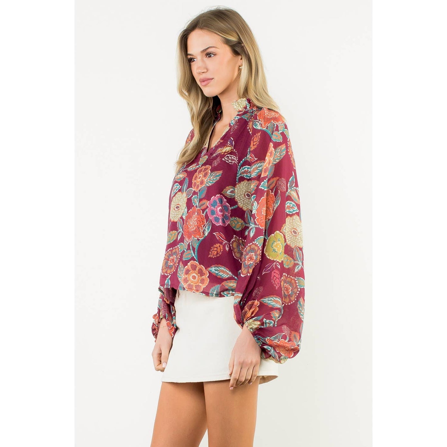 Pleated Collar Floral Long Sleeve Top - Burgundy