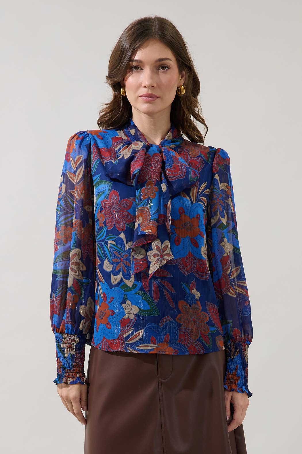 Etienne Tie Neck Long Sleeve Blouse Floral - Navy Multi