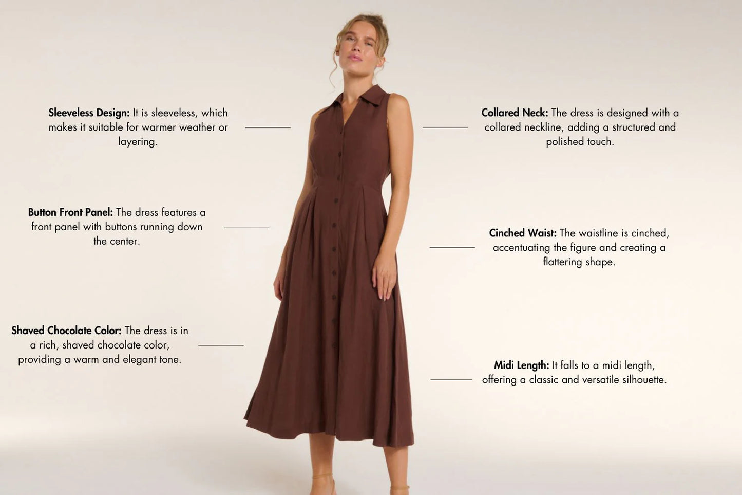 Stacia Collared Button Front Panel Midi Dress - Shaved Chocolate