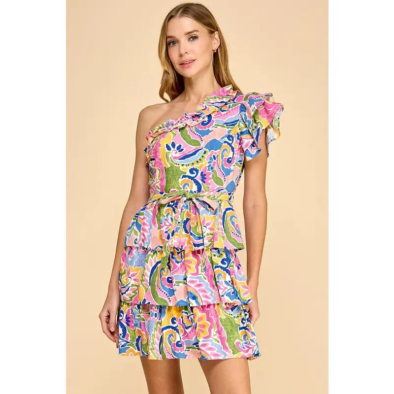 One Shoulder Paisley Print Ruffled Sleeves Dress - Multi