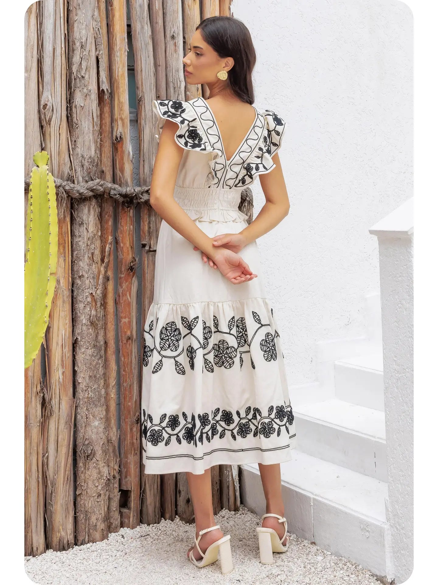 Embroidery Detail Ruffle Linen Long Dress - Ecru