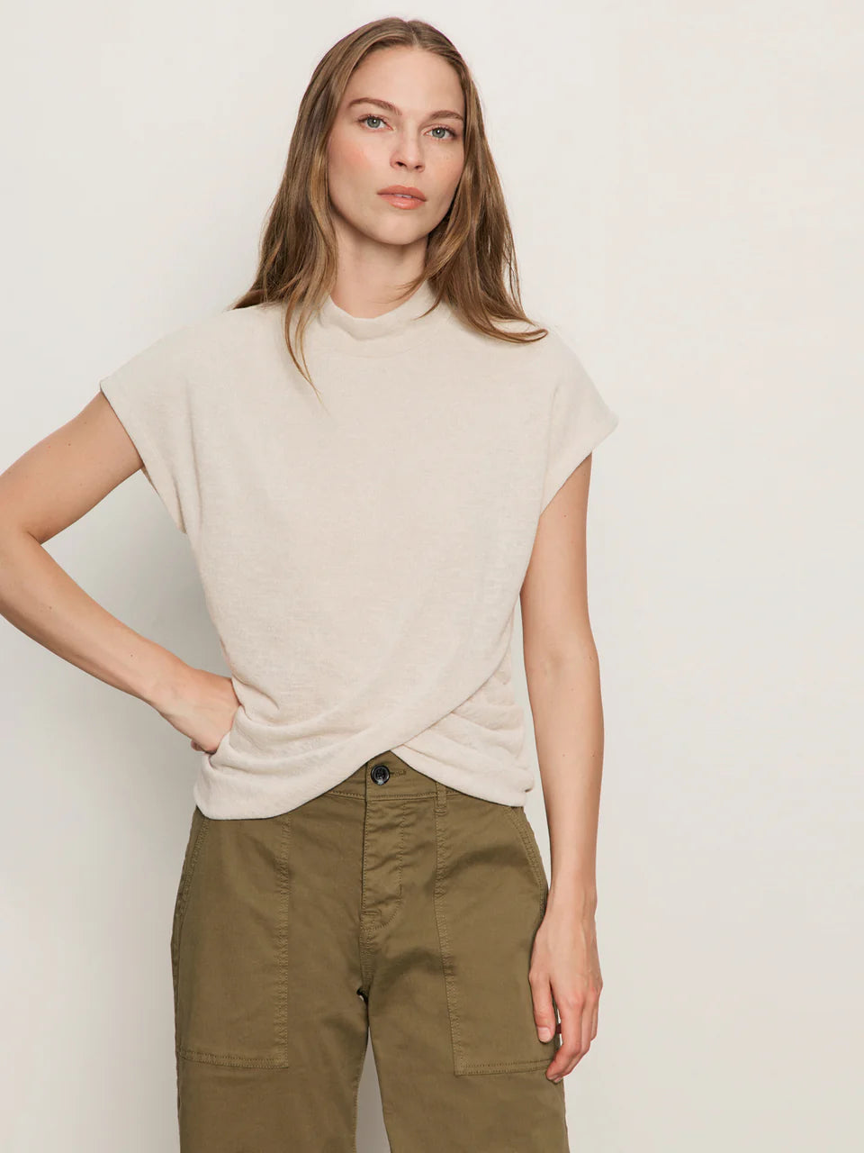 Draped Sleeveless Mockneck Top - Mother of Pearl