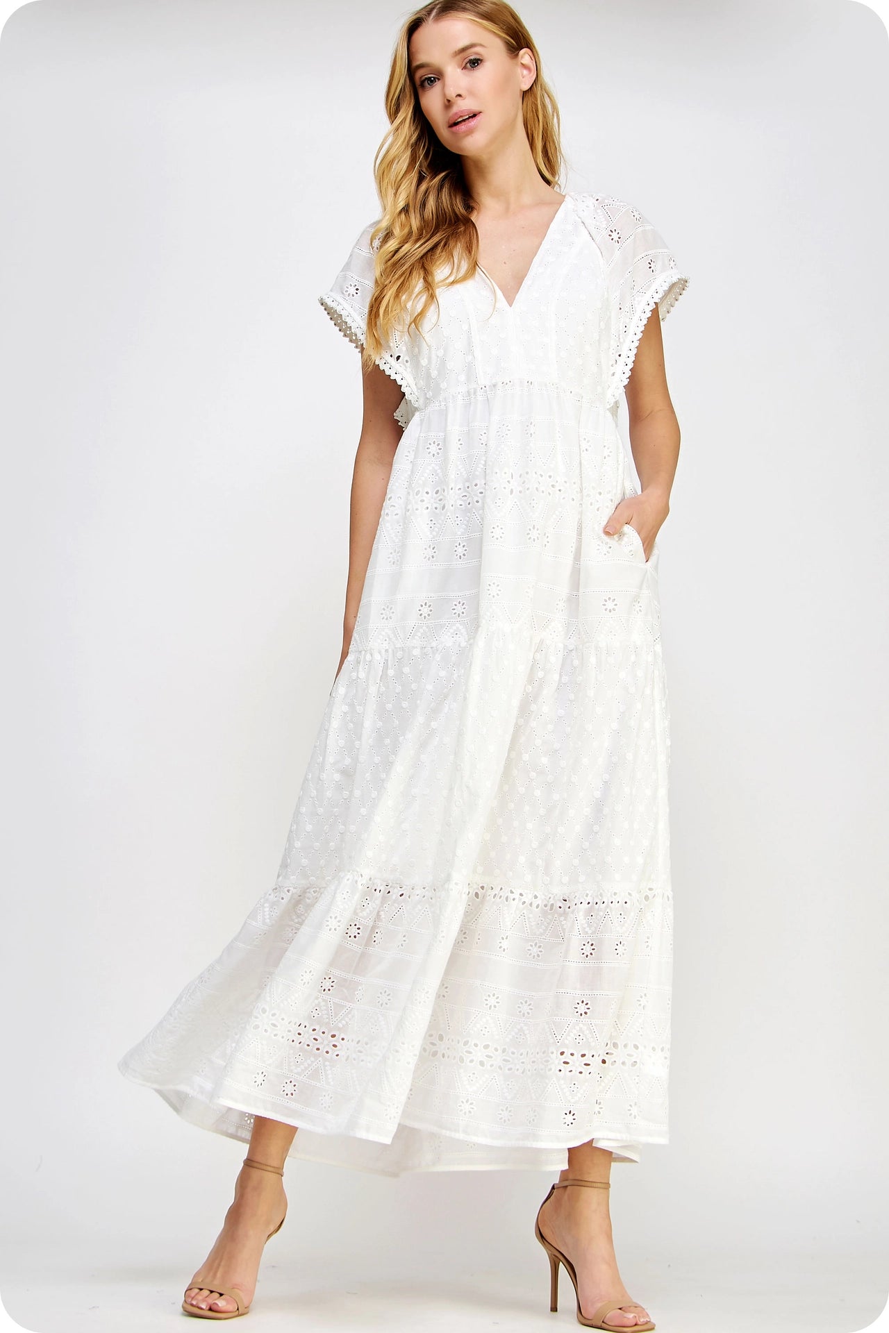 Pearl Trim Details Eyelet Long Dress - White