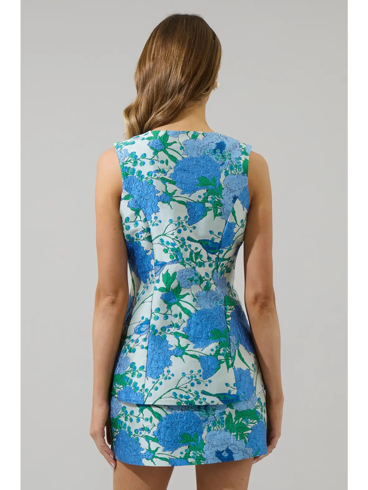 Willa Floral Maize Jacquard Sleeveless Top - White/Blue