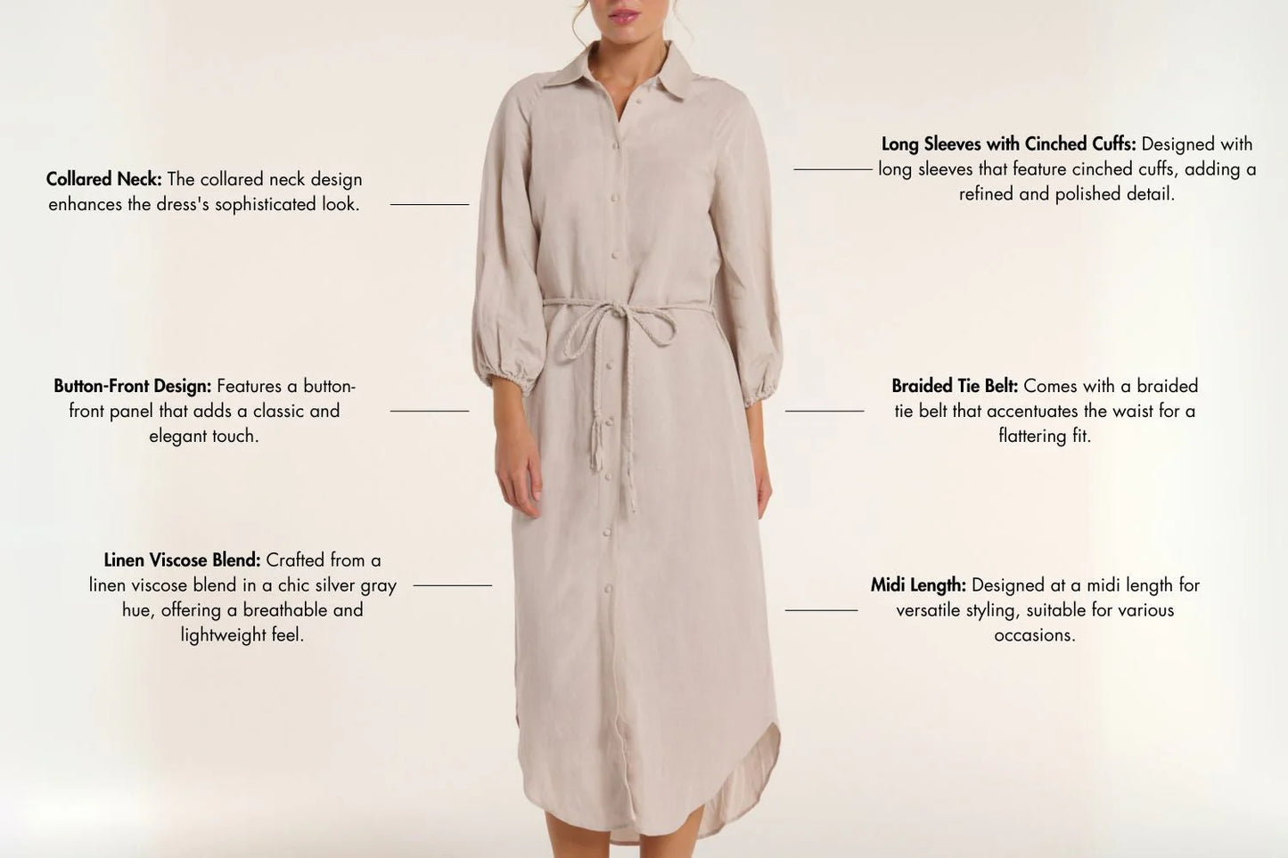 Cecilia Collared Button Front Panel Midi Dress - Silver Gray