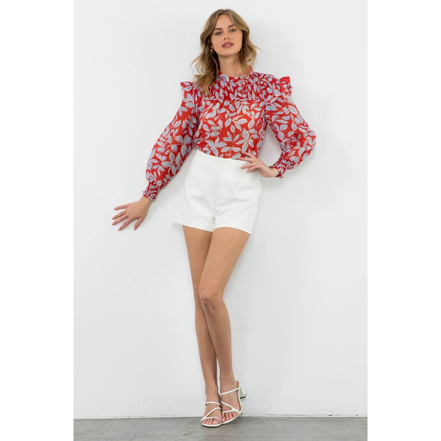 Long Sleeve Sheer Print Top - Red