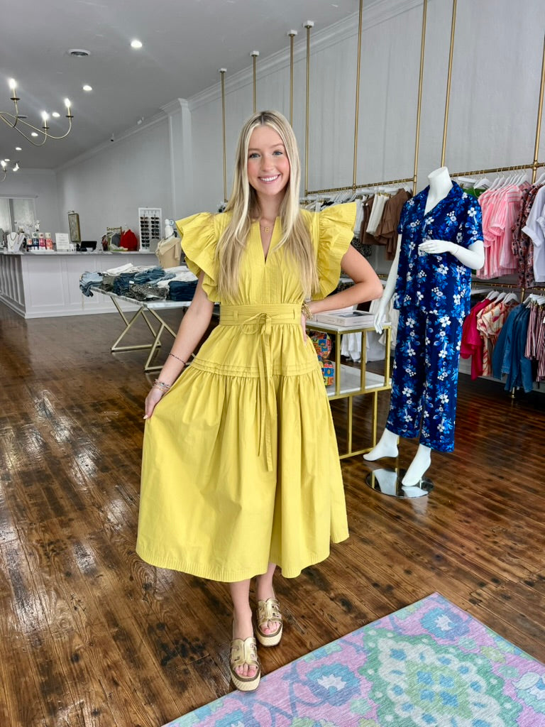 Flutter Sleeve Poplin Midi Dress - Chartreuse