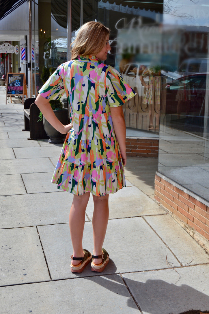 Short Sleeve Multi Color Dress - Lime