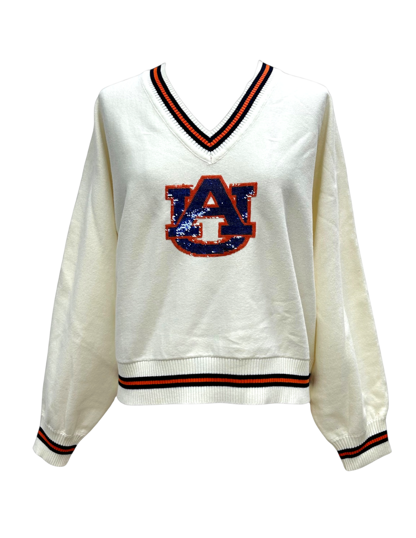 Queen of Sparkles Licensed Auburn V Neck Striped Cuff Long Sleeve Sweater With Small Mascot