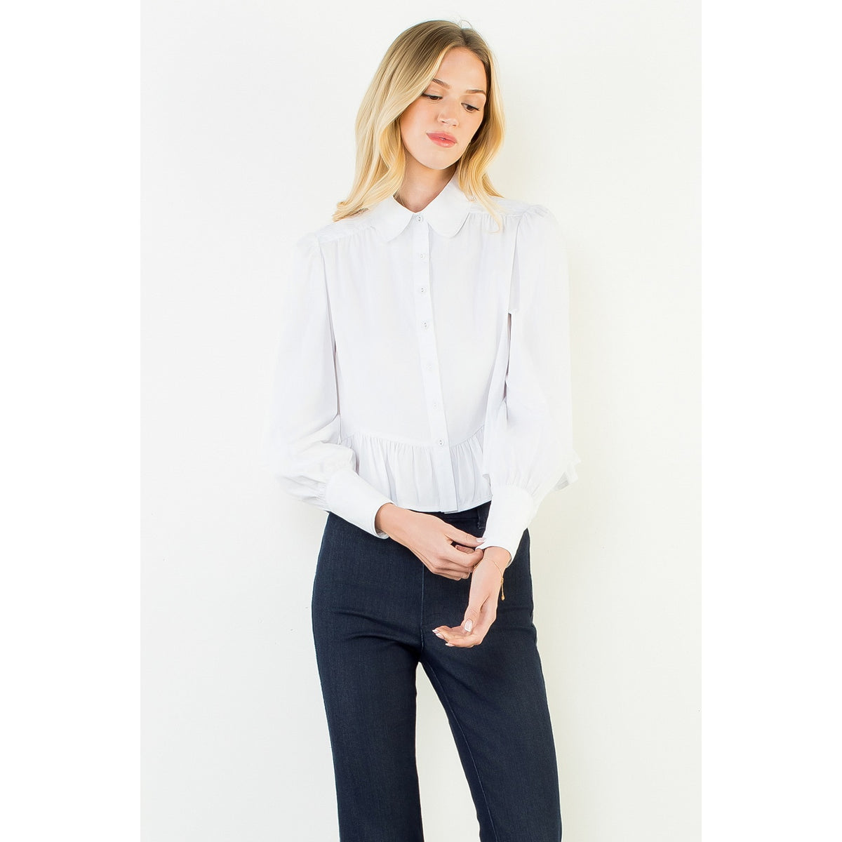 Button Up Long Sleeve Ruffle Hem Top - White