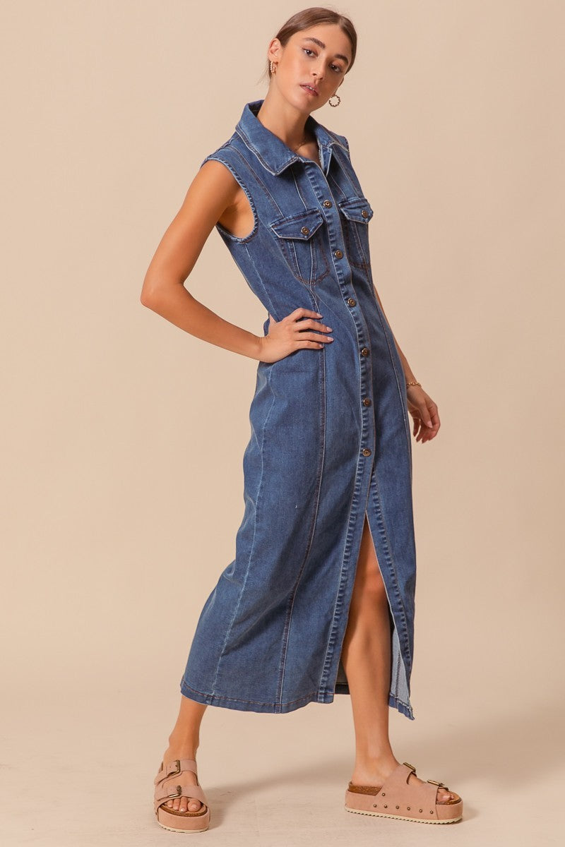 Button Front Maxi Shirt Dress - Dark Denim