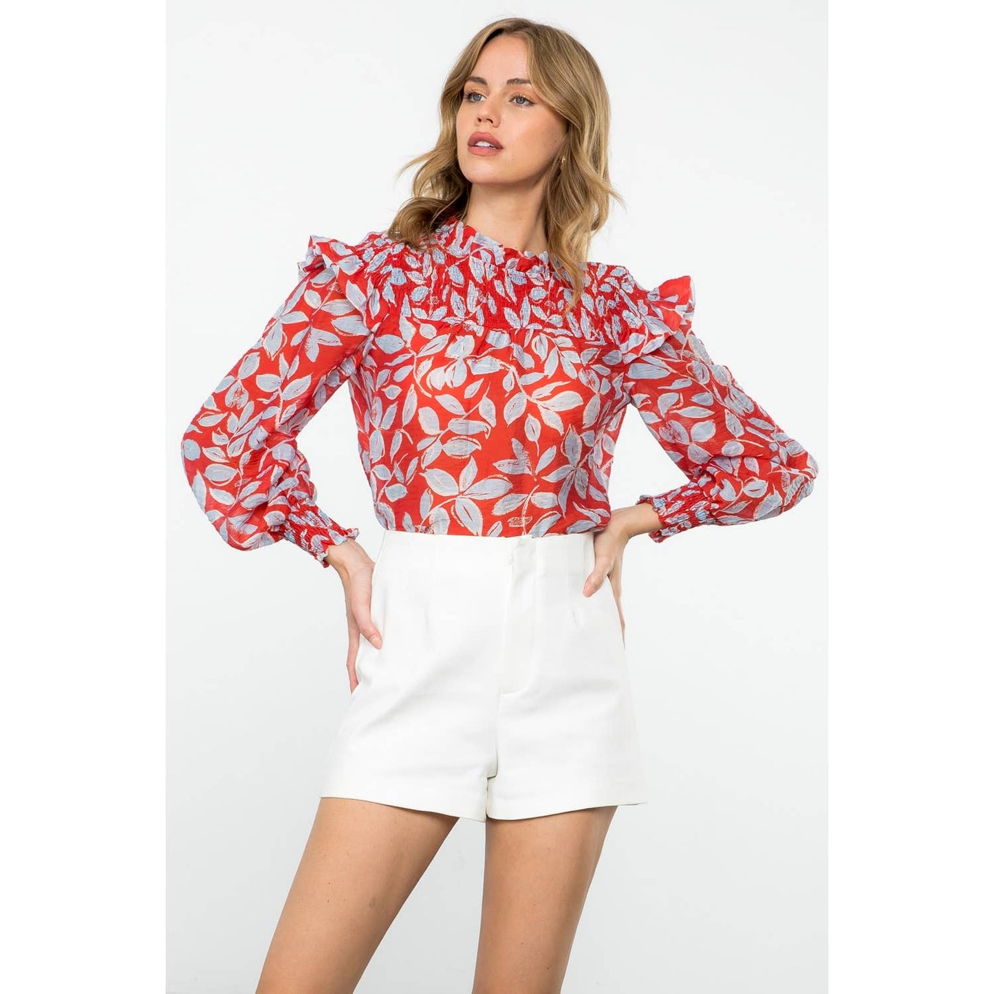 Long Sleeve Sheer Print Top - Red