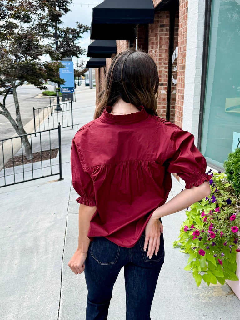 Balloon Sleeve Blouse Top - Burgundy
