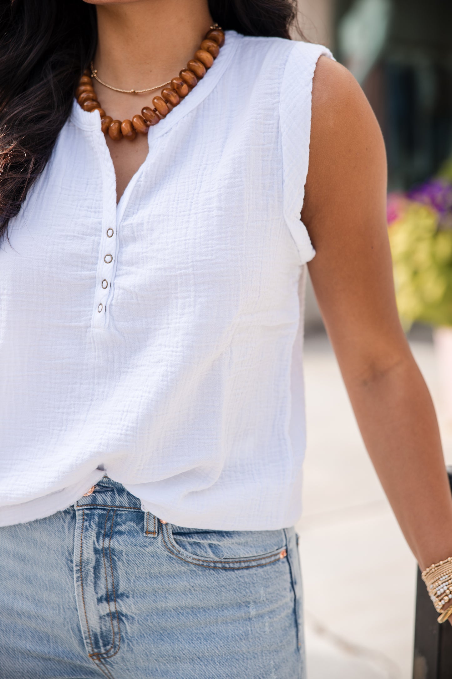 Henley Sleeveless Top - White