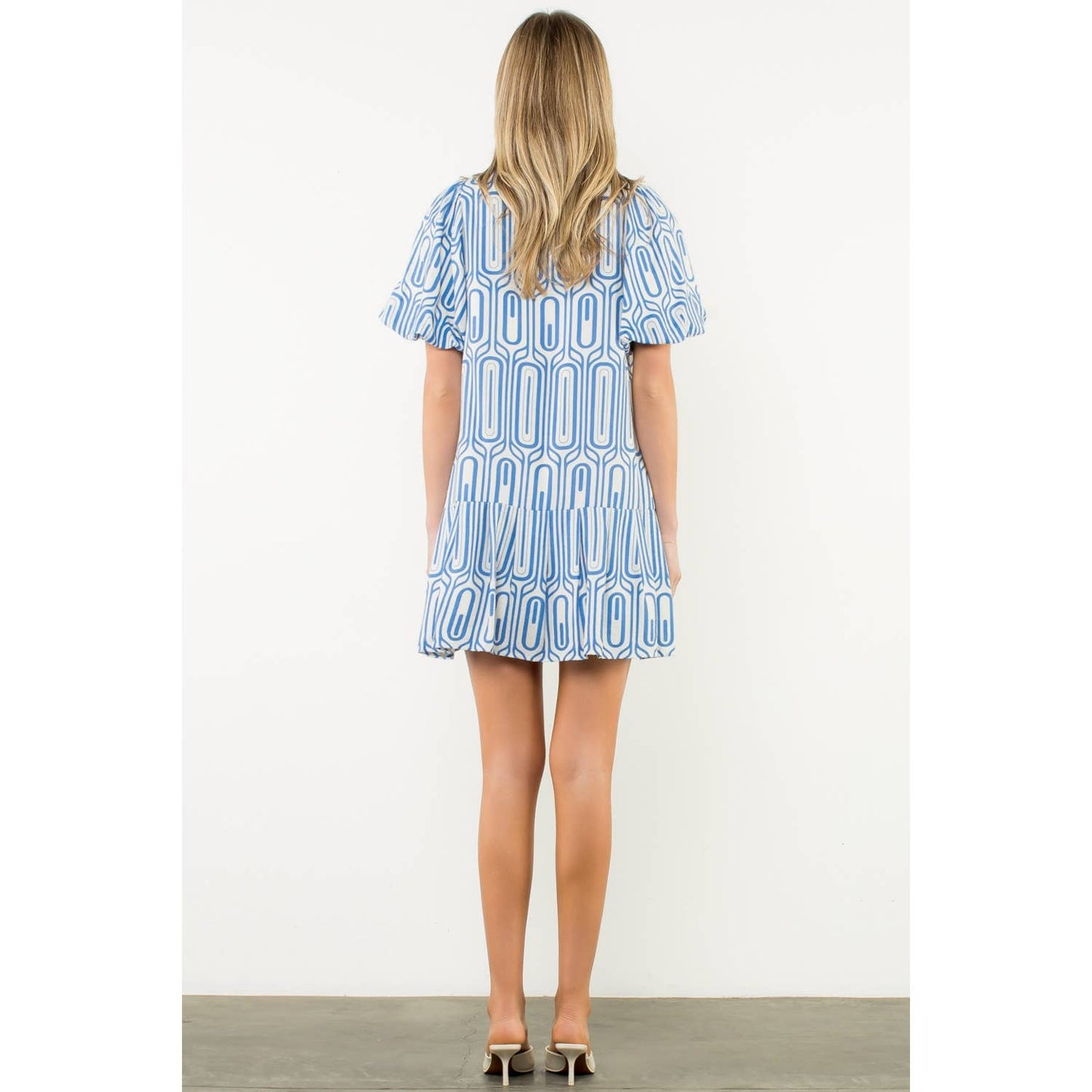 Geometric Puff Sleeve Button Dress - Blue