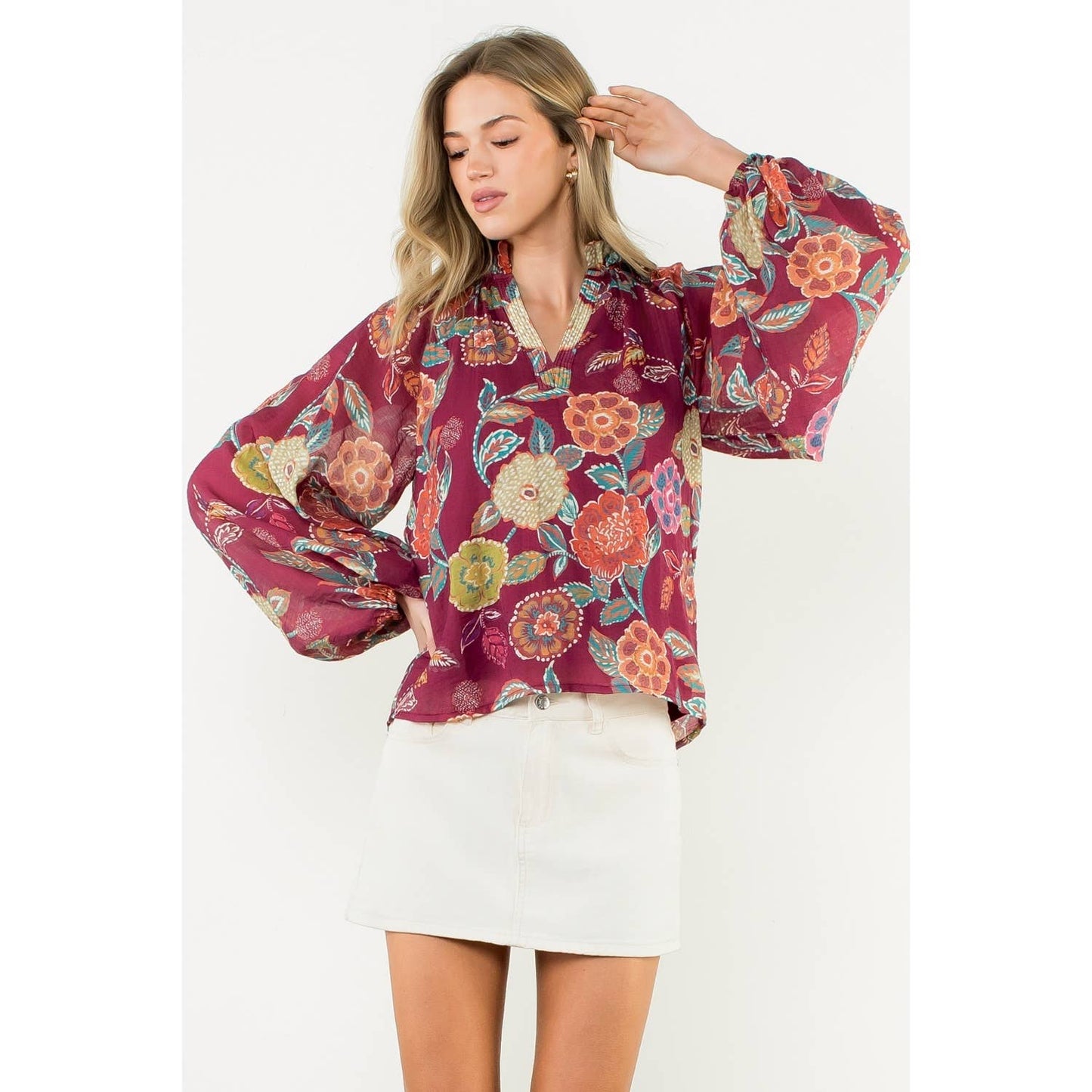 Pleated Collar Floral Long Sleeve Top - Burgundy