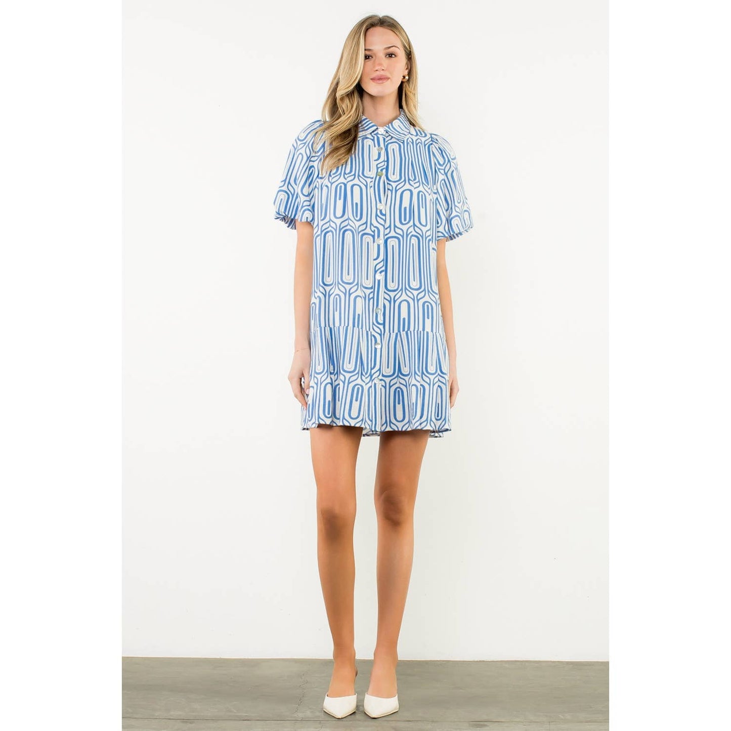 Geometric Puff Sleeve Button Dress - Blue