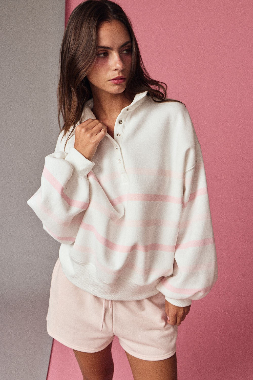 Striped Mock Neck Pullover - White/Pink