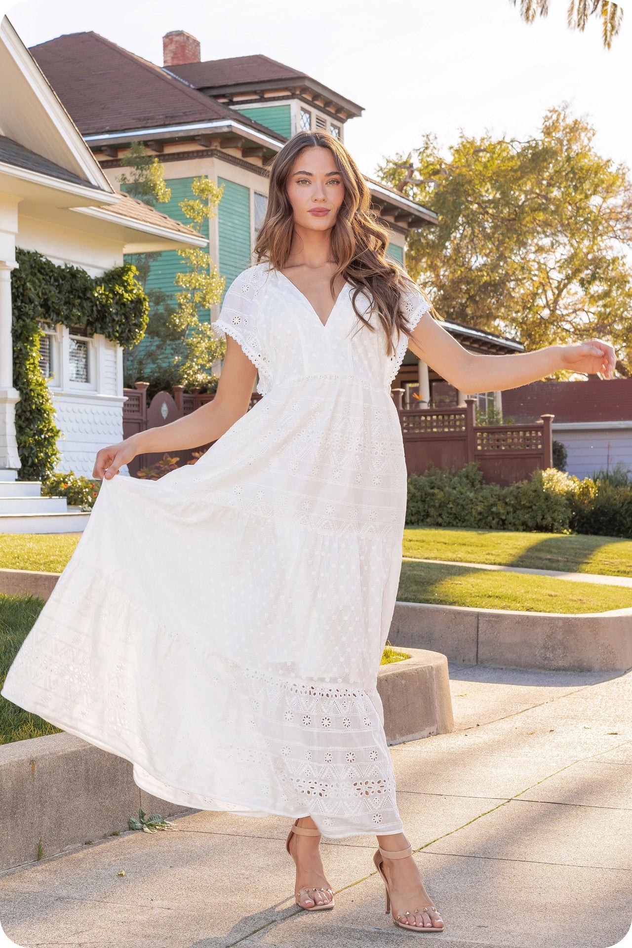Pearl Trim Details Eyelet Long Dress - White