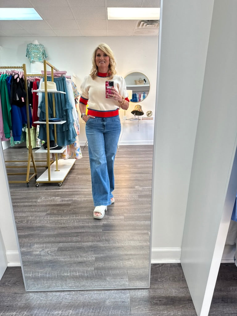 Short Sleeve Colorblock Knit Top - Cream