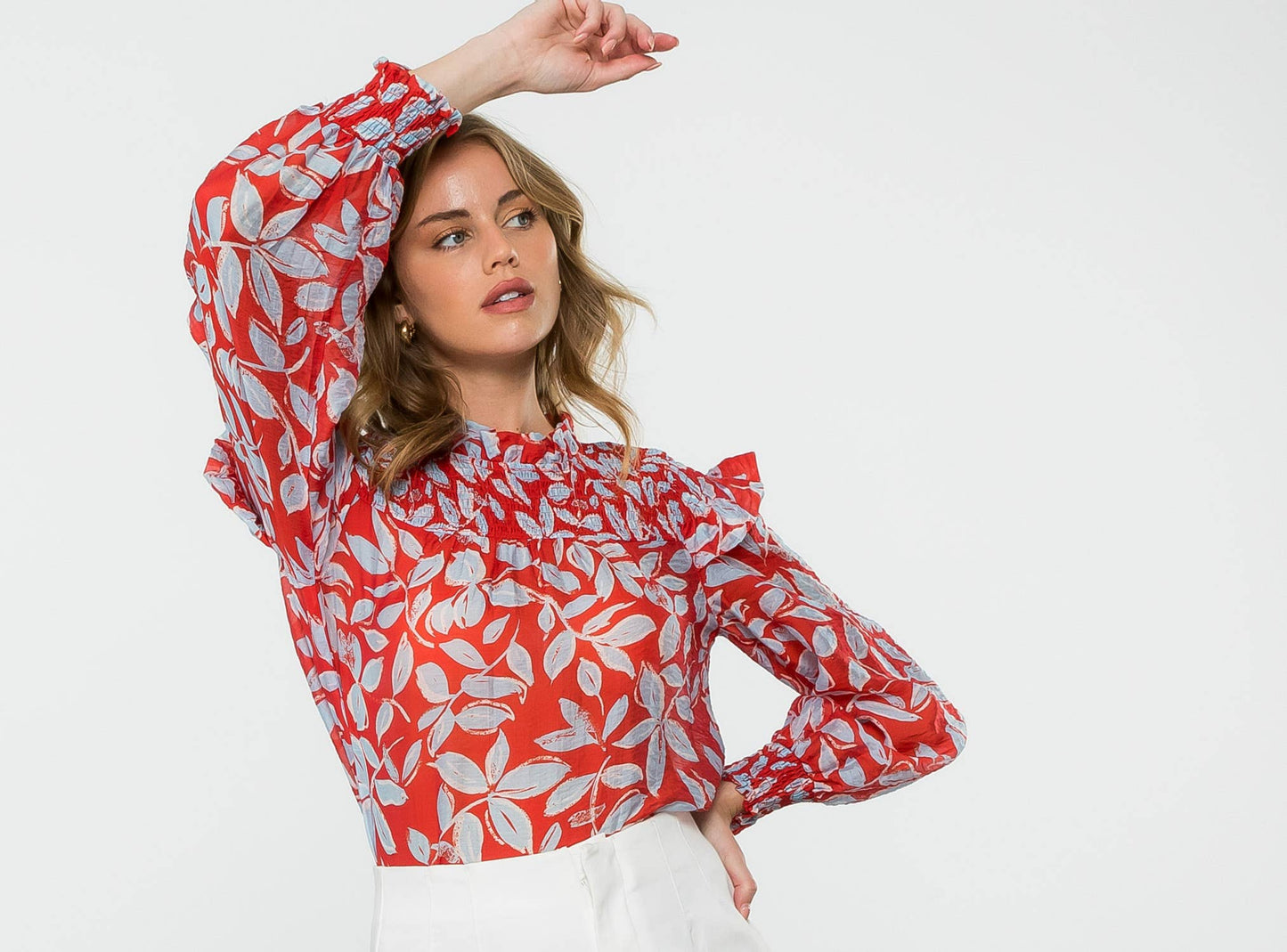 Long Sleeve Sheer Print Top - Red