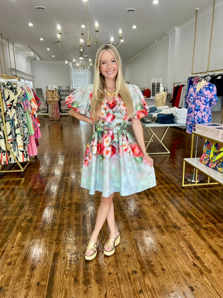 Emely Floral Print Puff Sleeve Mini Dress - Dove Multi
