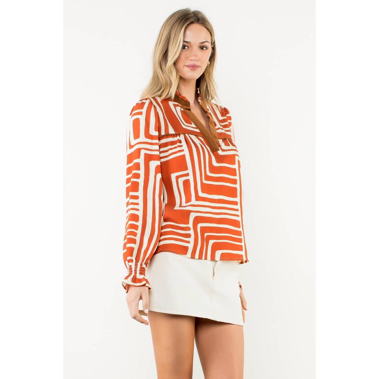Abstract Print Long Sleeve V-Neck Top - Rust