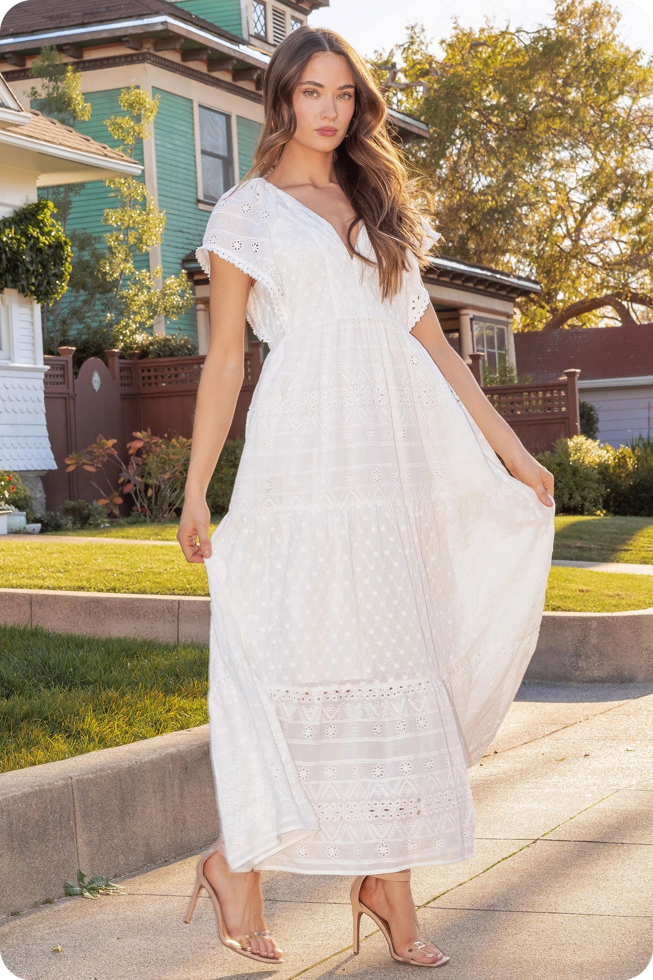 Pearl Trim Details Eyelet Long Dress - White