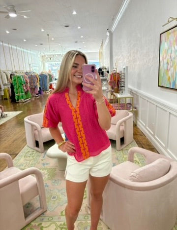 Embroidered Puff Sleeve Textured Top - Magenta