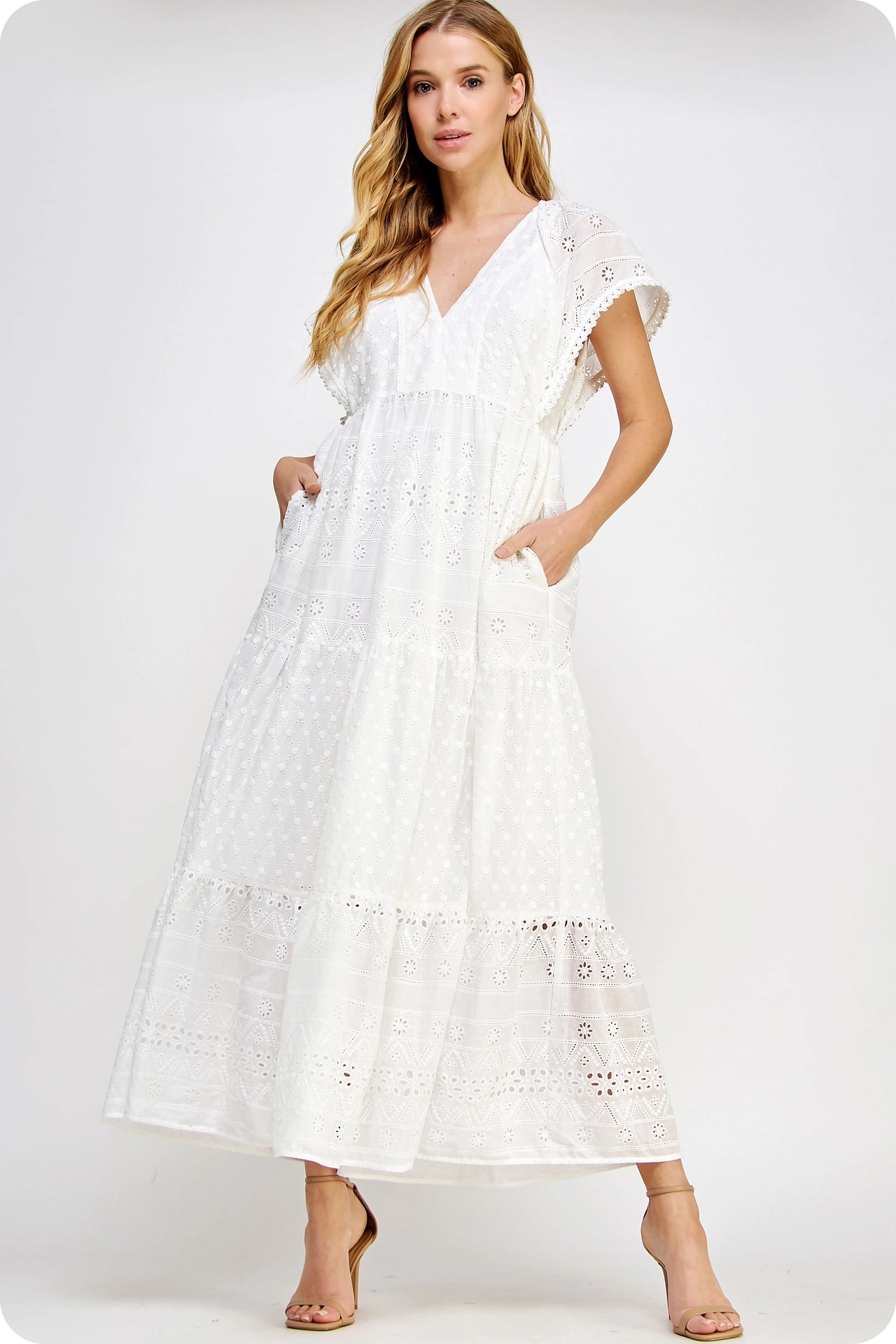 Pearl Trim Details Eyelet Long Dress - White