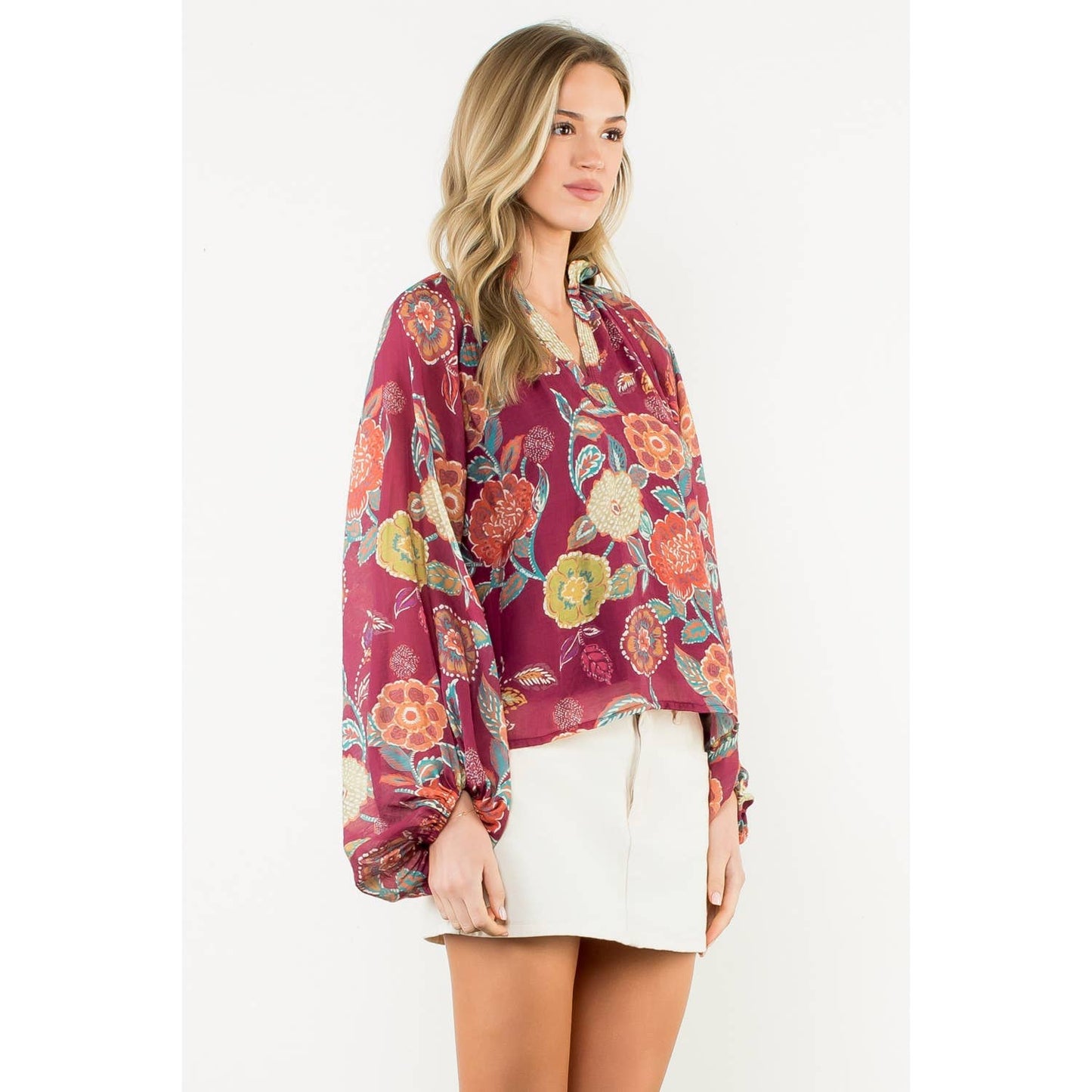Pleated Collar Floral Long Sleeve Top - Burgundy