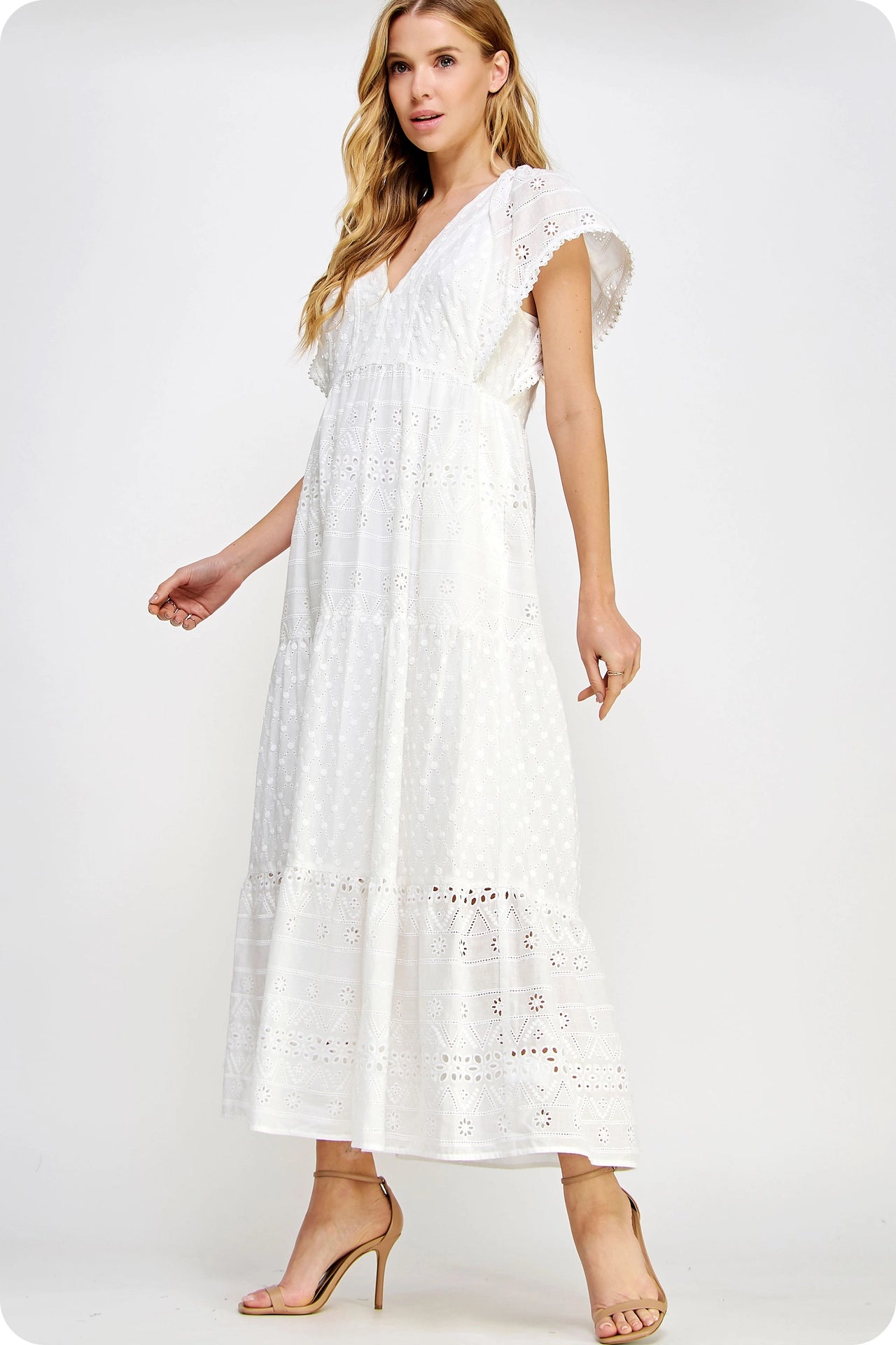 Pearl Trim Details Eyelet Long Dress - White