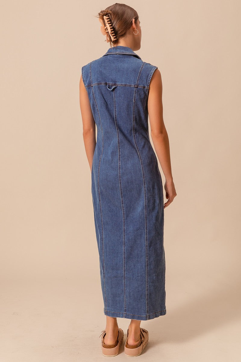 Button Front Maxi Shirt Dress - Dark Denim