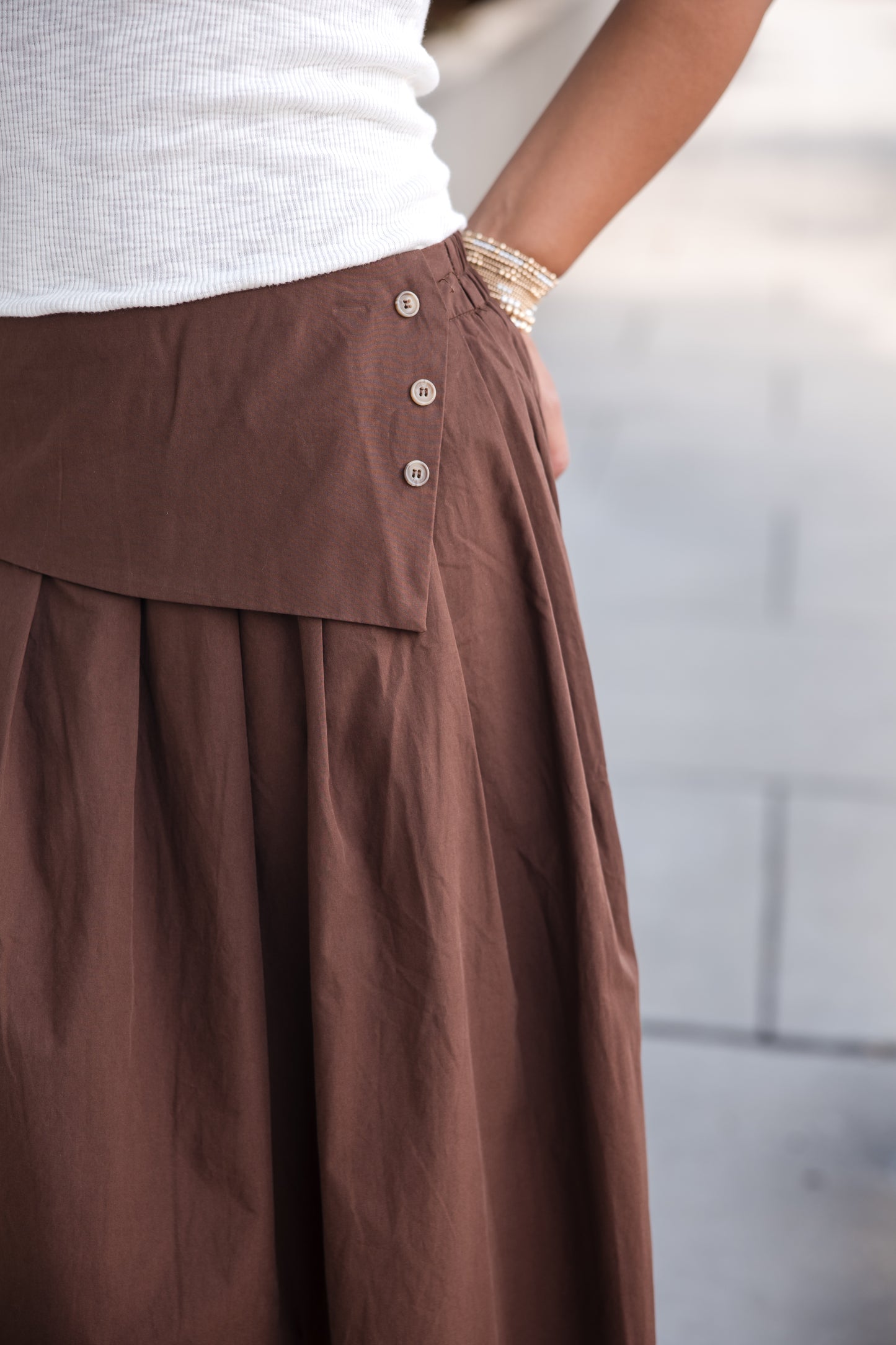 Fold Over Waist Button Skirt - Brown